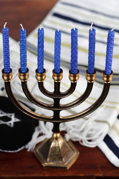 Menorah Tallit Kippah Och Torah Judiska Symboler — Stockfoto