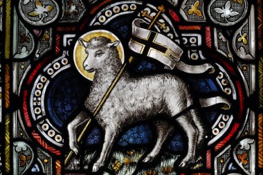 Chamonix Protestan tapınağı. Lekeli cam. Tanrı 'nın Kuzusu. Fransa. 