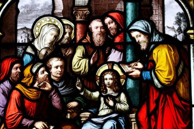 Cordeliers kilisesi. Lekeli cam pencere. İsa ve din doktorları. Lons le Saunier. Fransa. 