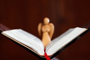 Tahta melek heykeli ve İncil. Fransa.