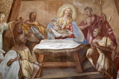Notre Dame de l 'Assomption de Cordon Kilisesi. Fresk. İsa 'nın doğumu ya da İsa' nın doğumu. İsa 'nın doğuşu, 25 Aralık' taki Noel 'in Hıristiyan bayramının temeli. Fransa. Fransa.
