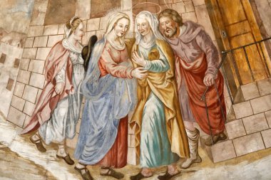 Notre Dame de l 'Assomption de Cordon Kilisesi. Fresk. Kutsanmış Bakire Meryem 'in ziyareti, Luke İncili' nde yazdığı gibi Elizabeth ile birlikte Meryem 'in ziyaretidir.