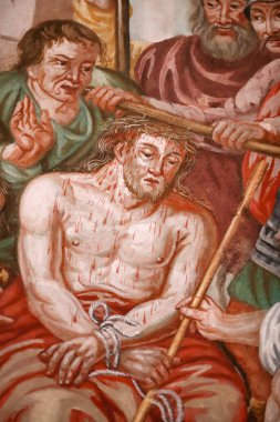 Notre Dame de l 'Assomption de Cordon Kilisesi. Fresk. İsa 'nın Tutkusu. İsa kırbaçlandı ve dikenlerle taçlandırıldı. Fransa. Fransa.