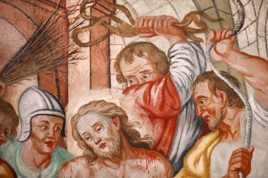 Notre Dame de l 'Assomption de Cordon Kilisesi. Fresk. İsa 'nın Kırbaçlanması. Fransa. Fransa.