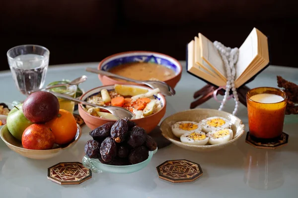 stock image Traditional meal for iftar in time of Ramadan after the fast has been broken.  Religious symbol. 