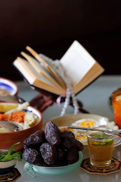 stock image Traditional meal for iftar in time of Ramadan after the fast has been broken.  Religious symbol. 