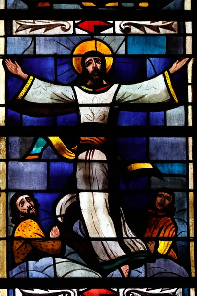Romainmotier Abbey Church Stained Glass Window Ascension Jesus Heaven Switzerland — Stock Photo, Image