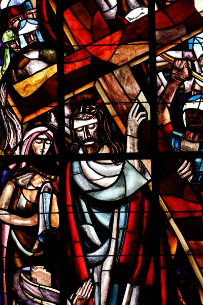 Собор Нотр Дам Лозанне Окно Витраже Страсти Христовы Иисус Встречает — стоковое фото