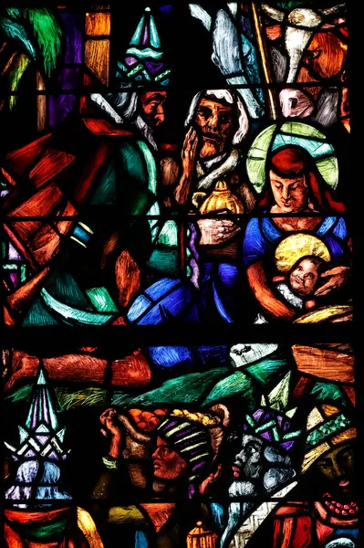 Katedralen Notre Dame Lausanne Fönster Målat Glas Födelsekänsla Dyrkan Barnet — Stockfoto