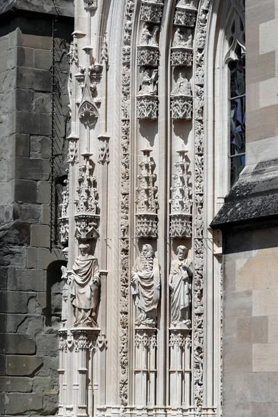 Cathedral Notre Dame Lausanne Montfalcon Portal Statues Switzerland — Stock Photo, Image