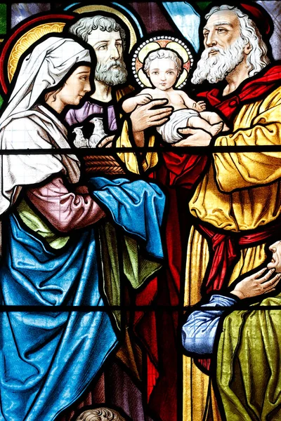 Notre Dame Des Graces Kirche Bleiglasfenster Die Darstellung Jesu Tempel — Stockfoto