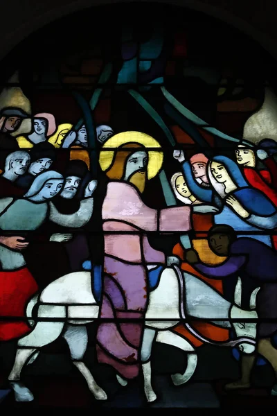 Церковь Святой Терезы Окно Витраже Вхождение Христа Иерусалим Вербное Воскресенье — стоковое фото