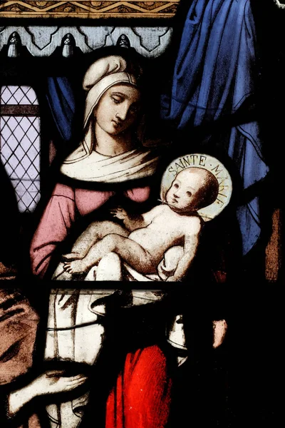 Igreja Dos Cordeliers Vidro Manchado Nascimento Virgem Maria Lons Saunier — Fotografia de Stock