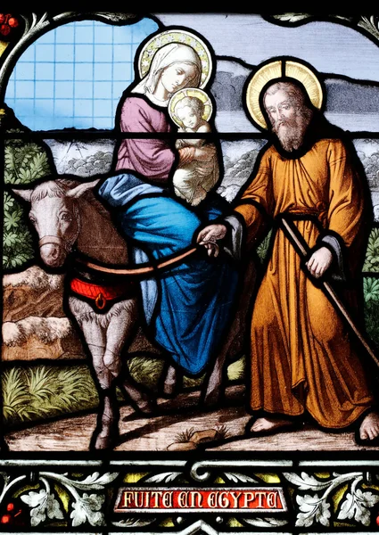 stock image Cordeliers church.  Stained glass window.  The Flight into Egypt. Holy Family.  Lons le Saunier. France. 