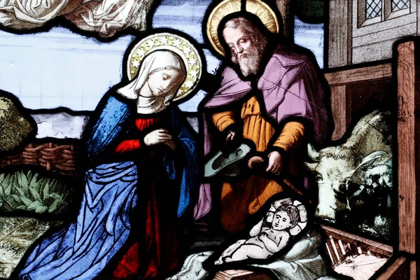 Kościół Cordeliers Witraże Narodzenia Jezusa Lub Narodzin Chrystusa Szopka Jest — Zdjęcie stockowe