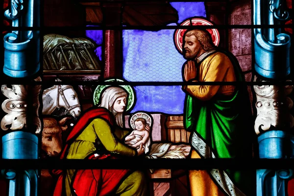 Fönster Målat Glas Jesu Födelse Eller Kristi Födelse Födelsemånaden Grunden — Stockfoto