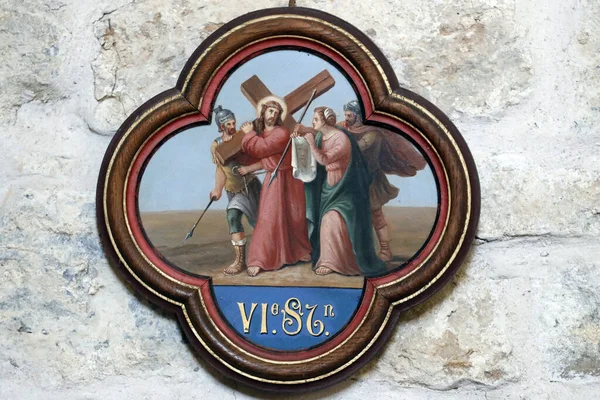 Kristova Vášeň Cesta Kříže Stanice Veronika Otírá Ježíšovu Tvář Saint — Stock fotografie
