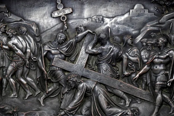 Страсті Христові Шлях Хреста Станція Ісус Падає Перший Раз Франція — стокове фото