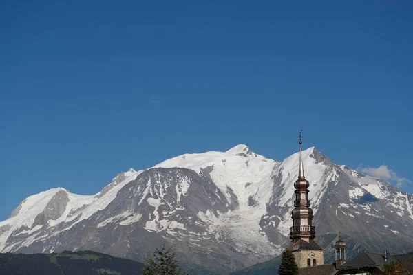 Baroque Clock Tower Saint Nicolas Church Mont Blanc Massif French — Stock Photo, Image