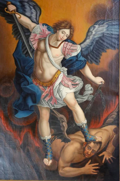 Notre Dame Assomption Cordon Church Archangel Slaying Satan Dragon Painting — Stock Photo, Image