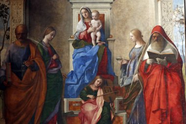 San Zaccaria Kilisesi. Bakire ve çocuklu Aziz Peter, İskenderiyeli Catherine, Lucy ve Jerome. Resim yapmak. Giovanni Bellini. 1505 numara. İtalya. 
