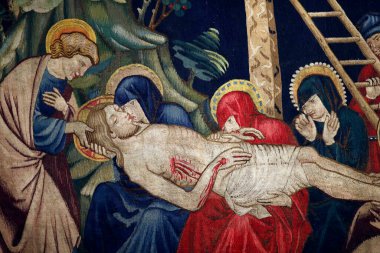 Saint Mark Müzesi. Hz. İsa 'nın Tutkusu' ndan bölümler içeren yün örtü. İsa çarmıhtan indirildi. İtalya. 