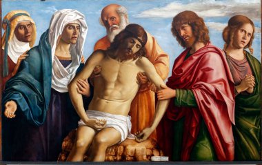 Gallerie dell'Accademia. Ölü İsa, Meryem Ana, Nicodemus, Evangelist Aziz John ve Giambattista Cima da Conegliano tarafından desteklenmektedir. İtalya. 