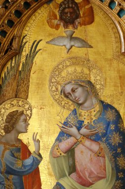 Gallerie dell'Accademia. Polyptych of the Annunciation (Lion Polyptych) by Lorenzo Veneziano. Wood panel.  1357. Virgin Mary and Holy Spirit. Detail.  Italy.  clipart