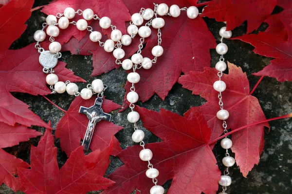 Katholischer Rosenkranz Auf Rotem Laub Herbst Frankreich — Stockfoto