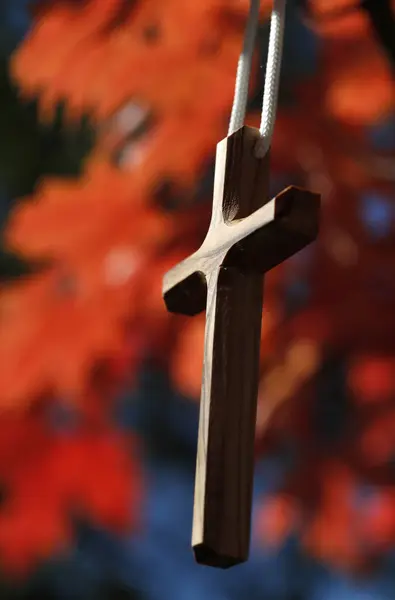 Христианский Крест Висит Ветке Дерева Красными Листьями Отум Франция — стоковое фото