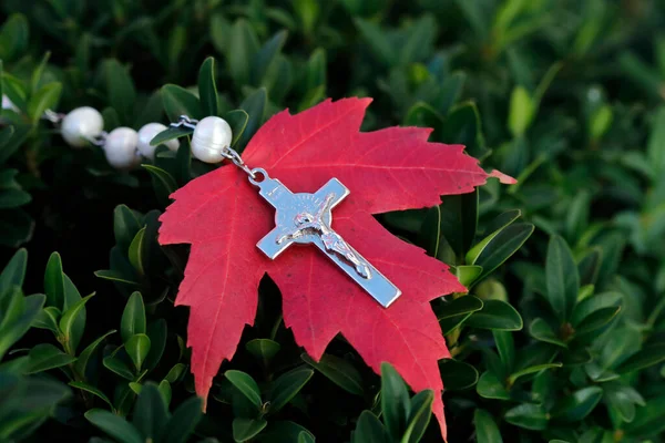 Καθολικό Κομπολόι Κόκκινο Φύλλο Φθινόπωρο Γαλλία — Φωτογραφία Αρχείου