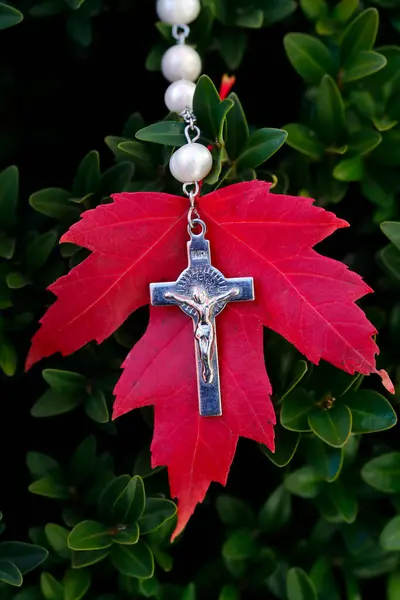Католические Четки Осеннем Красном Листе Осень Франция — стоковое фото