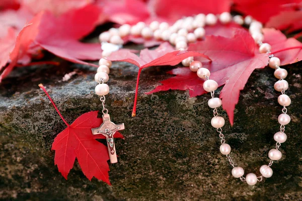 Katholischer Rosenkranz Auf Rotem Laub Herbst Frankreich — Stockfoto