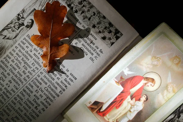 Missel Święty Wizerunek Suchym Spadającym Liściem Jesieni Wiara Duchowość Jezu — Zdjęcie stockowe