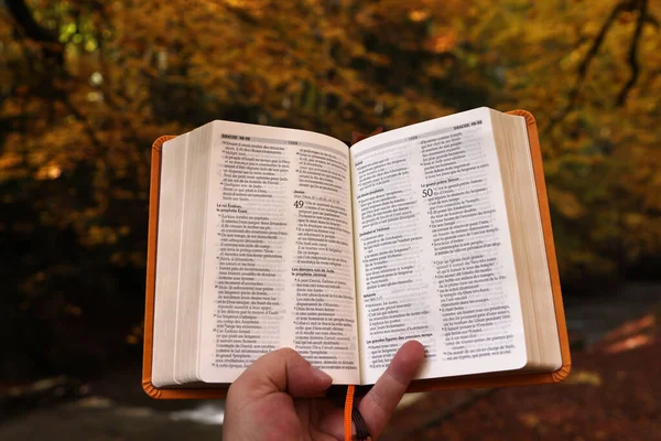 Man Med Öppen Bibel Skog Hösten Frankrike — Stockfoto