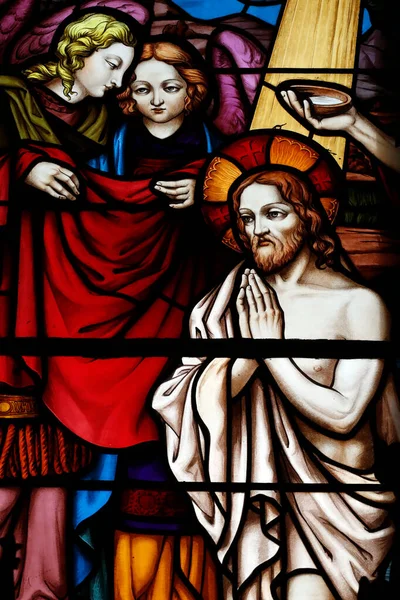 Stained Glass Window Baptism Jesus John Baptist France — Stock Photo, Image