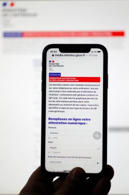 Coronavirus (Covid-19). Kilitlenme. Aşağılayıcı hareketin sayısal sertifikası. Fransa. 