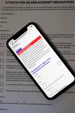 Coronavirus (Covid-19). Kilitlenme. Aşağılayıcı hareketin sayısal sertifikası. Fransa. 