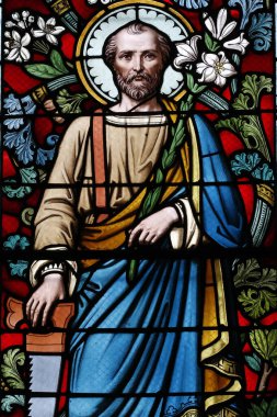 Notre Dame (Leydimiz) d 'Aix les Bains Kilisesi. Lekeli cam pencere. Aziz Joseph. Aix les Bains. Fransa. 