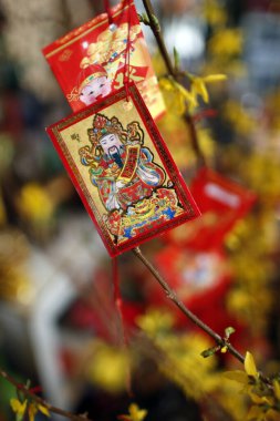 Çin ve Vietnam 'ın yeni yılı için sarı ağaçta kırmızı zarflar (hongbao). Kırmızı renk iyi şansın sembolüdür. Aziz Pierre en Faucigny. Fransa. 