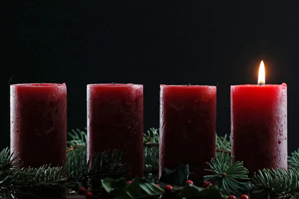 Natural Advent Wreath Crown One Burning Red Candle Christmas Composition — Stock Photo, Image
