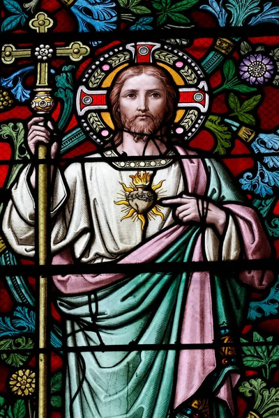 圣母院 我们的夫人 艾克斯 勒班教堂 缝隙玻璃窗 耶稣神圣的心 艾克斯 勒班法国 — 图库照片