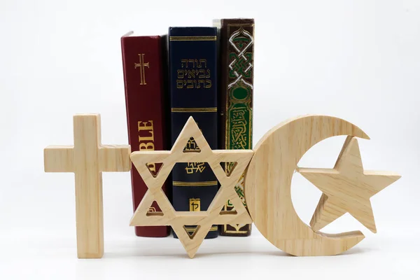 Three Monotheistic Religions Christianity Islam Judaism Thorah Quran Bible Croos — Stock Photo, Image