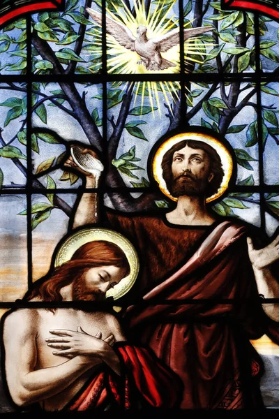 Basílica Notre Dame Assomption Vidro Manchado Batismo Jesus Por João — Fotografia de Stock
