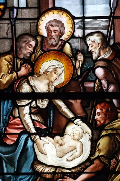 Notre Dame Assomption Basilica Stained Glass Window Nativity Scene Holy — Stock Photo, Image