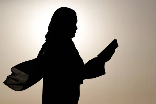 Silhouet Van Moslimvrouw Die Nobele Koran Tegen Hemel Leest Religie — Stockfoto