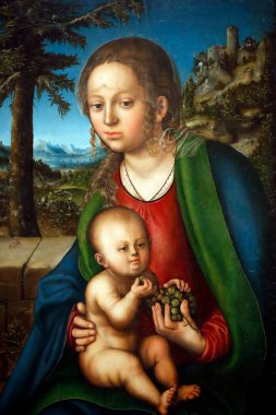 Thyssen-Bornemisza Müzesi. Bir demet üzümlü Bakire ve Çocuk. Luvas Cranach el Viejo. 1510 Madrid. İspanya.  