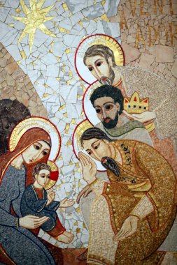 Almudena Katedrali. Mozaikler. Doğum sahnesi. Magi 'ye tapma. Madrid mi? İspanya.  