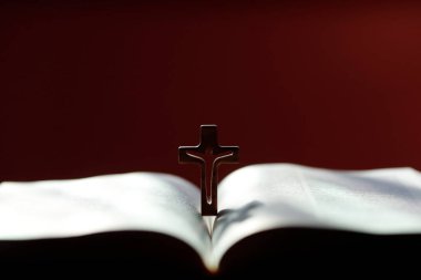 İncil 'i bir Hıristiyan haçıyla açın. Dinin sembolü. Kilise kilisede iptaller. Meryem Ana 'ya dua eden kadın. 