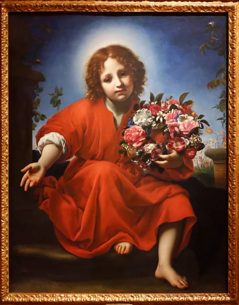 ティッセン ボルネミッサ美術館 花の花輪を持つ幼児キリスト カルロ ドルチ 1663年 マドリード スペイン — ストック写真